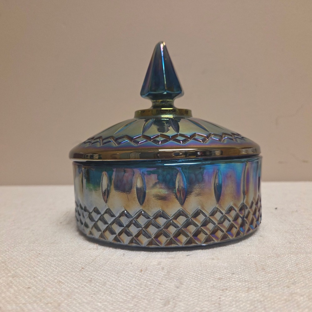 Vintage Blue Carnival Glass Trinket Dish with Lid Iridescent Oil Slick Jar - Picture 3 of 9